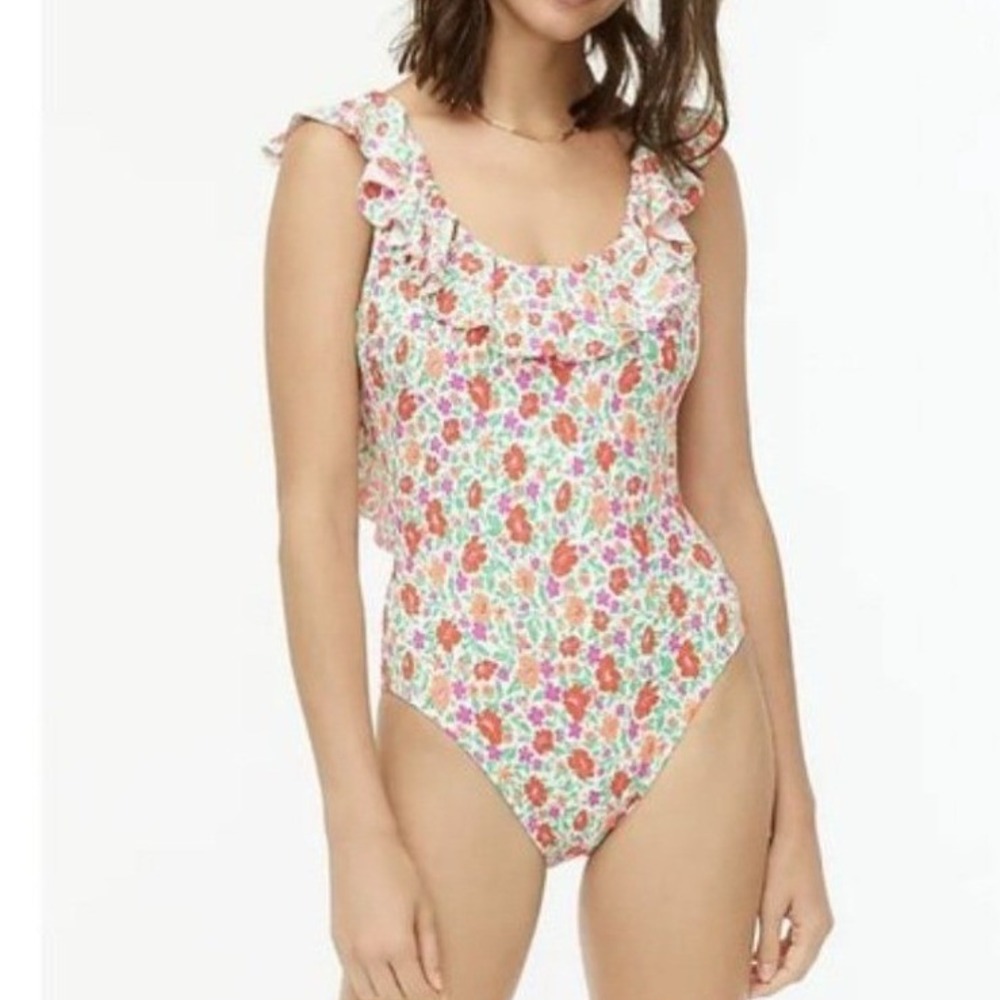 J. Crew Ruffle Scoopback One Piece Swimsuit Floral Pink Orange Green Sz 16 NEW‎